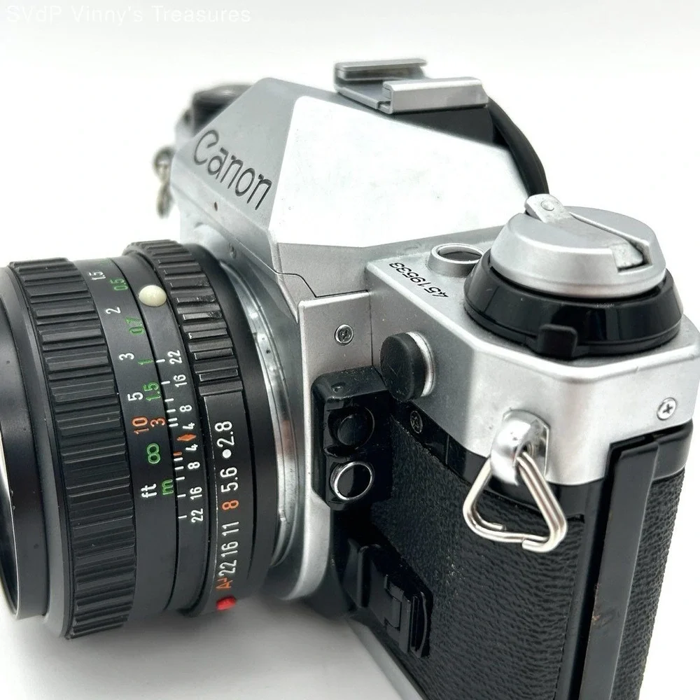 VTG Canon AE-1 Program 35mm SLR Film Camera MC Cosmicar 28mm f/2.8 Lens Untested